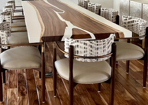 long wooden table with chairs